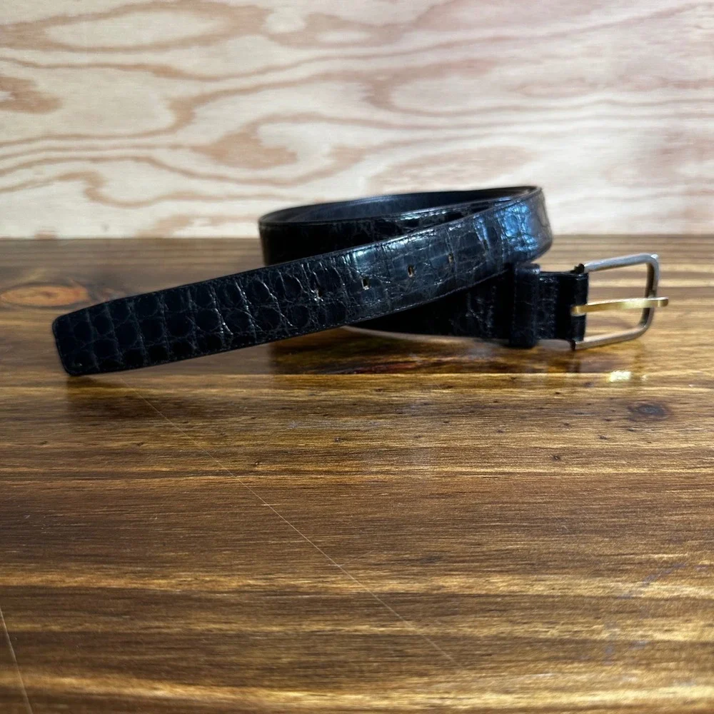 Oleg Cassini Black Genuine Crocodile Belt Mens Size 36/38 Gold Buckle 45